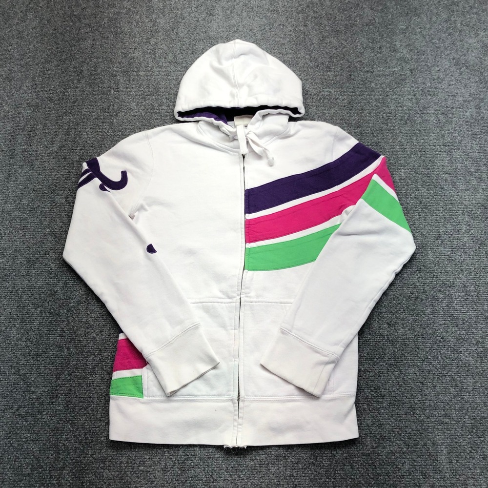 ONeill Womens White Retro Stripe Full Zip Hoodie Sweatshirt Logo Sleeve Small